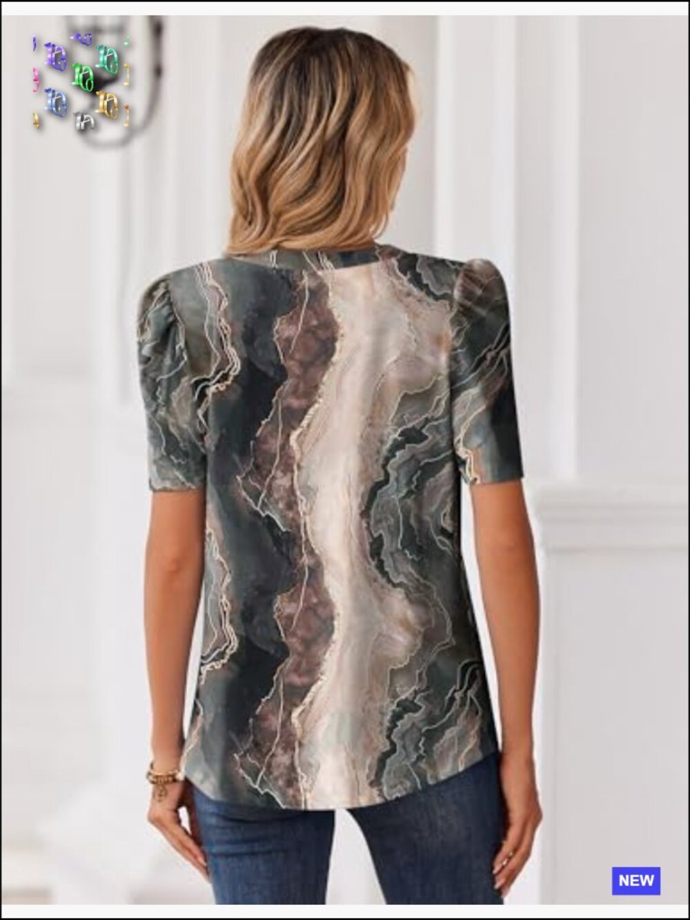 Puff Sleeve V Neck Blouse Short Sleeve Dressy Casual Spring Top Floral Boho - Picture 5 of 7